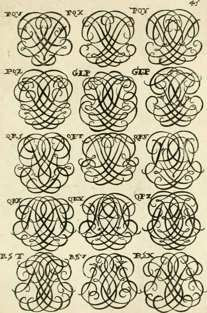 An illustration from Livre nouveau et utile pour toutes sortes d'artistes, et particulierement pour les orfevres, les orlogeurs, les peintres, les graveurs, les brodeurs, &c. : contenant quatre alphabets de chiffres fleuronnez au premier trait avec quantite de devises, d'emblemes et de noeuds d'amour : avec une table exacte pour trouver en général tous les noms et surnoms entrelassez, 1690, leaf 96