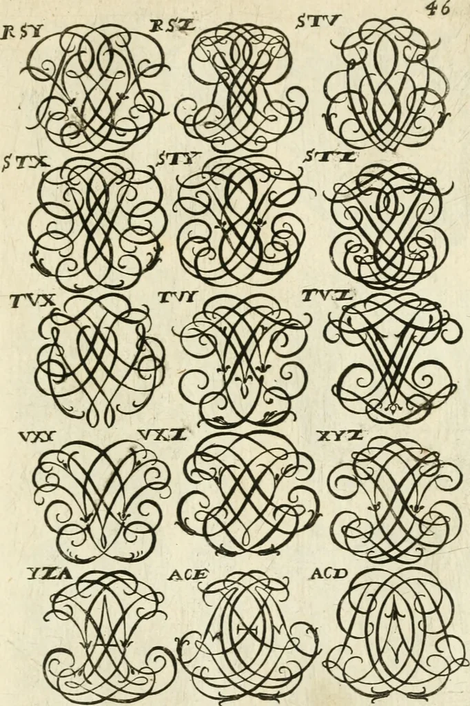 An illustration from Livre nouveau et utile pour toutes sortes d'artistes, et particulierement pour les orfevres, les orlogeurs, les peintres, les graveurs, les brodeurs, &c. : contenant quatre alphabets de chiffres fleuronnez au premier trait avec quantite de devises, d'emblemes et de noeuds d'amour : avec une table exacte pour trouver en général tous les noms et surnoms entrelassez, 1690, leaf 98