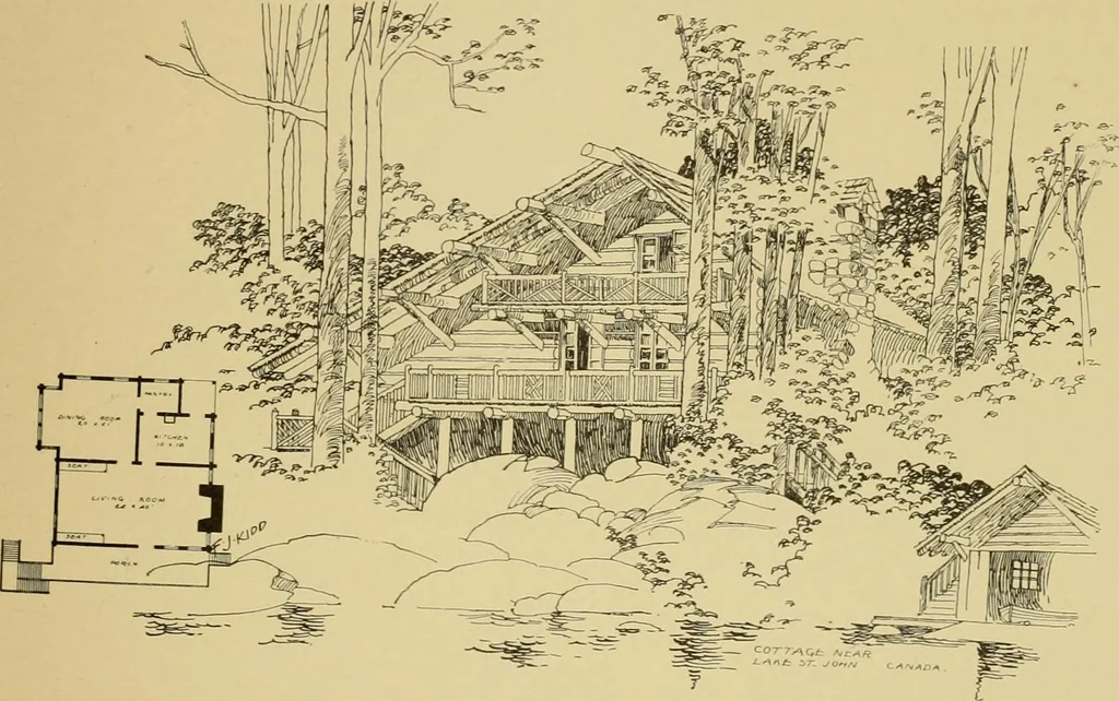 An illustration from Log cabins and cottages; how to build and furnish them, 1908, leaf 112