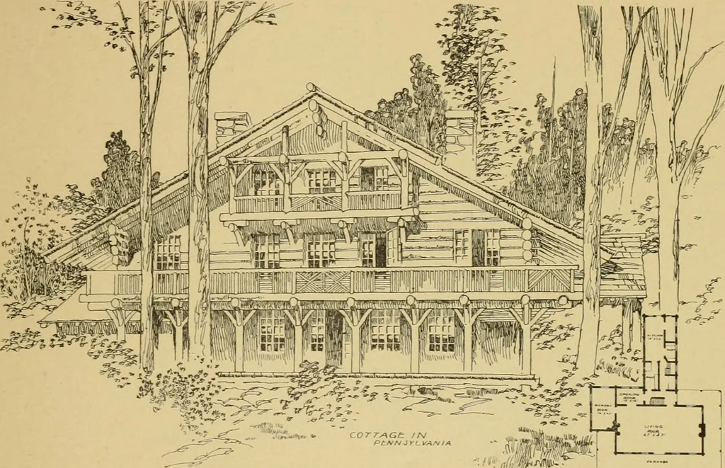 An illustration from Log cabins and cottages; how to build and furnish them, 1908, leaf 122