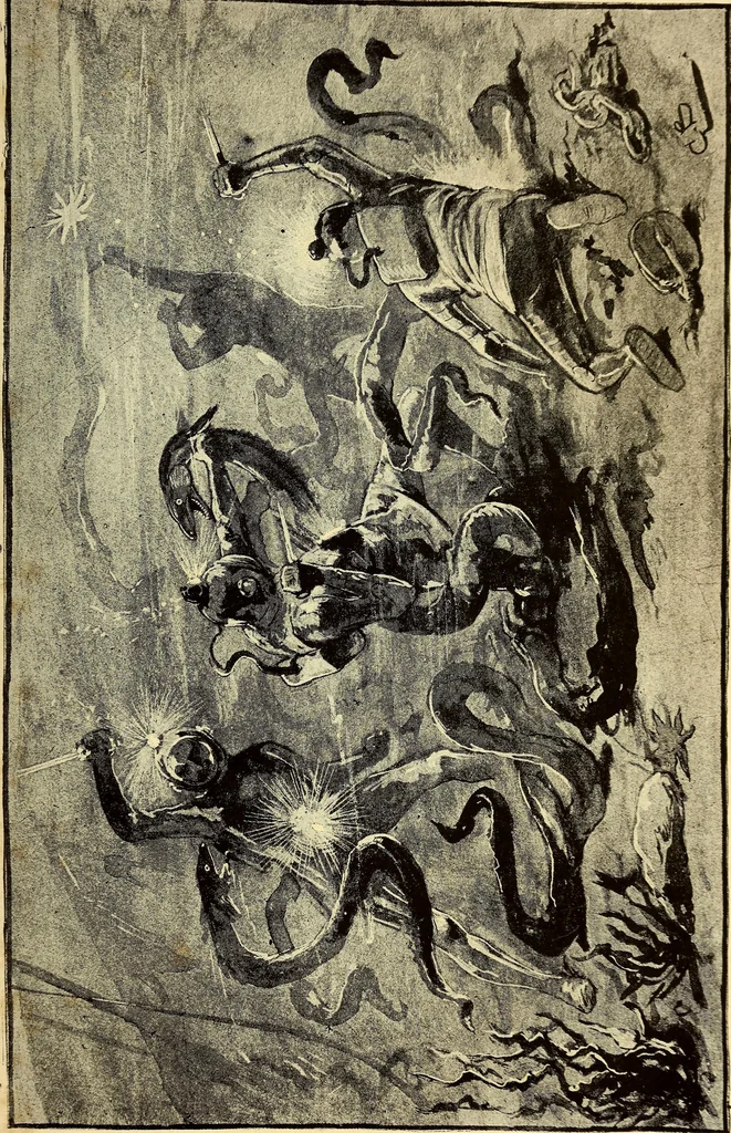 An illustration from The log of the "Flying Fish" : a story of aerial and submarine peril and adventure, 1887, leaf 86