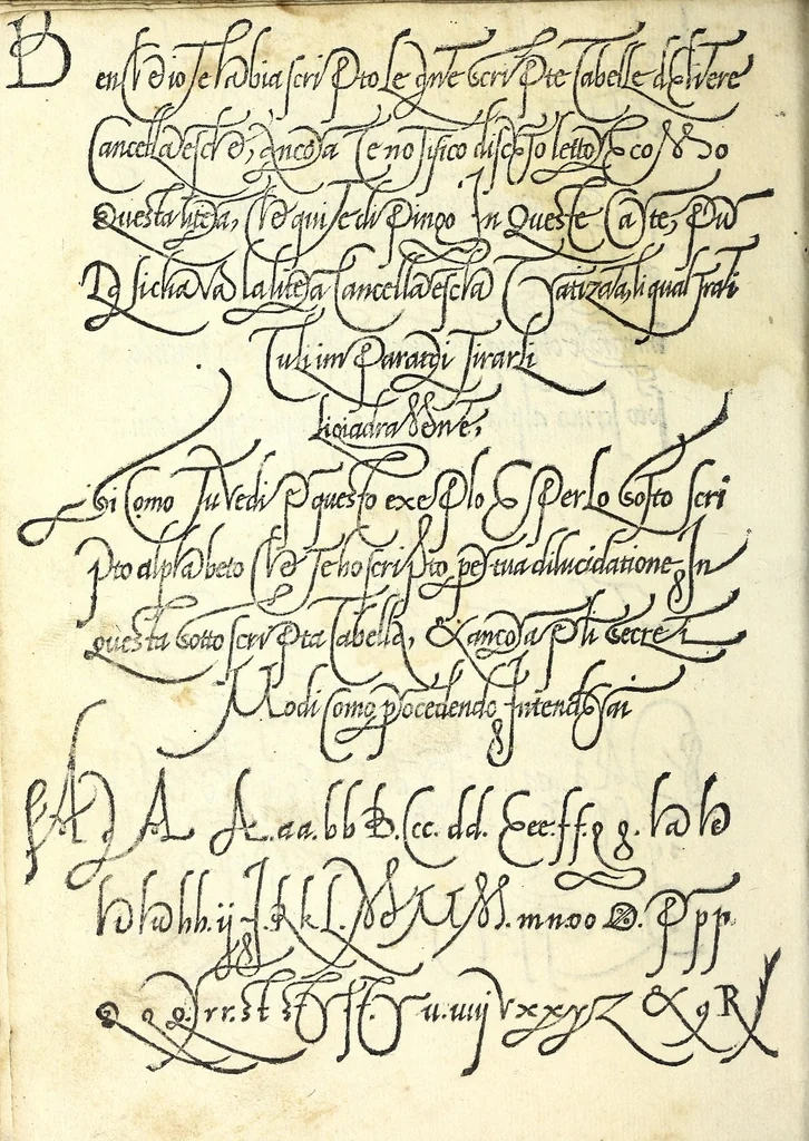 An illustration from Lo presente libro insegna la vera arte delo excelle[n]te scriuere de diuerse varie sorti de litere : lequali se fano p[e]r geometrica ragione & con la presente opera ognuno le potra imparare impochi giorni p[er] lo amaistramento, ragione, & essempli, come qui seguente vederai, 1539, leaf 16
