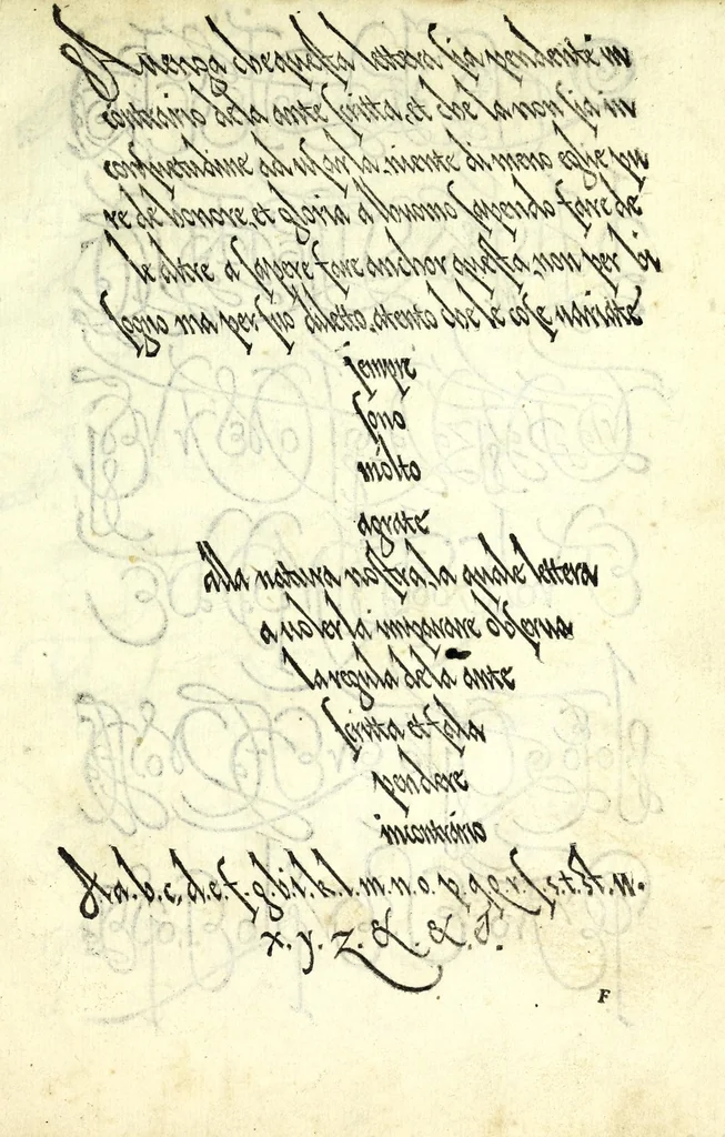 An illustration from Lo presente libro insegna la vera arte delo excelle[n]te scriuere de diuerse varie sorti de litere : lequali se fano p[e]r geometrica ragione & con la presente opera ognuno le potra imparare impochi giorni p[er] lo amaistramento, ragione, & essempli, come qui seguente vederai, 1539, leaf 19