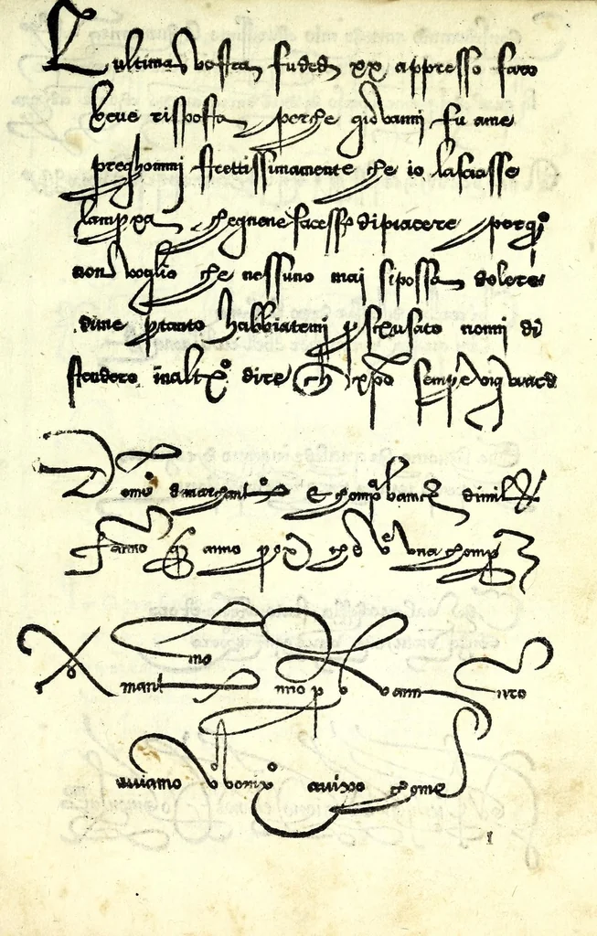 An illustration from Lo presente libro insegna la vera arte delo excelle[n]te scriuere de diuerse varie sorti de litere : lequali se fano p[e]r geometrica ragione & con la presente opera ognuno le potra imparare impochi giorni p[er] lo amaistramento, ragione, & essempli, come qui seguente vederai, 1539, leaf 25