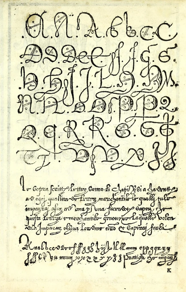 An illustration from Lo presente libro insegna la vera arte delo excelle[n]te scriuere de diuerse varie sorti de litere : lequali se fano p[e]r geometrica ragione & con la presente opera ognuno le potra imparare impochi giorni p[er] lo amaistramento, ragione, & essempli, come qui seguente vederai, 1539, leaf 27