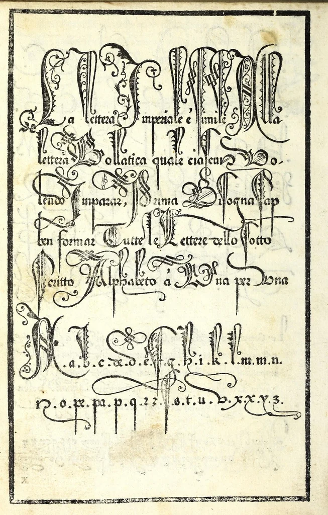An illustration from Lo presente libro insegna la vera arte delo excelle[n]te scriuere de diuerse varie sorti de litere : lequali se fano p[e]r geometrica ragione & con la presente opera ognuno le potra imparare impochi giorni p[er] lo amaistramento, ragione, & essempli, come qui seguente vederai, 1539, leaf 28