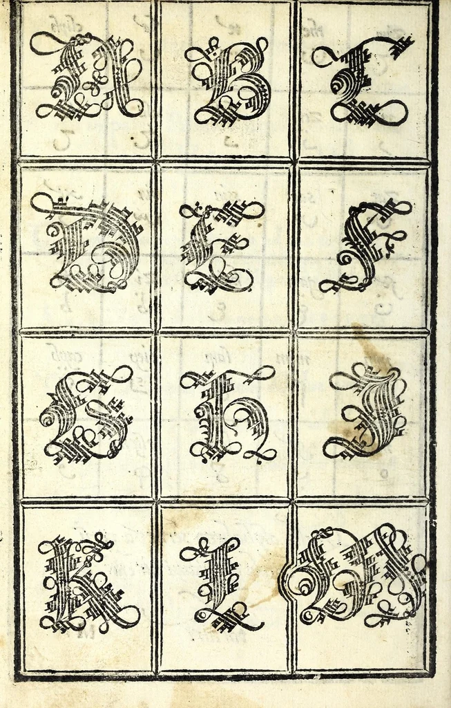 An illustration from Lo presente libro insegna la vera arte delo excelle[n]te scriuere de diuerse varie sorti de litere : lequali se fano p[e]r geometrica ragione & con la presente opera ognuno le potra imparare impochi giorni p[er] lo amaistramento, ragione, & essempli, come qui seguente vederai, 1539, leaf 32