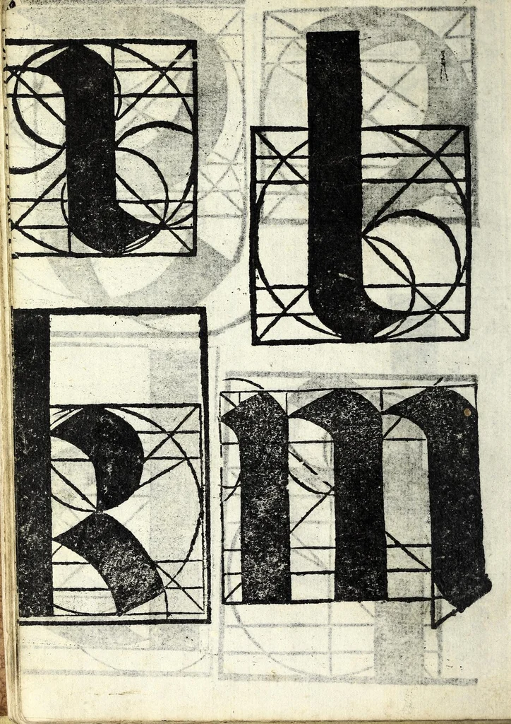 An illustration from Lo presente libro insegna la vera arte delo excelle[n]te scriuere de diuerse varie sorti de litere : lequali se fano p[e]r geometrica ragione & con la presente opera ognuno le potra imparare impochi giorni p[er] lo amaistramento, ragione, & essempli, come qui seguente vederai, 1539, leaf 40