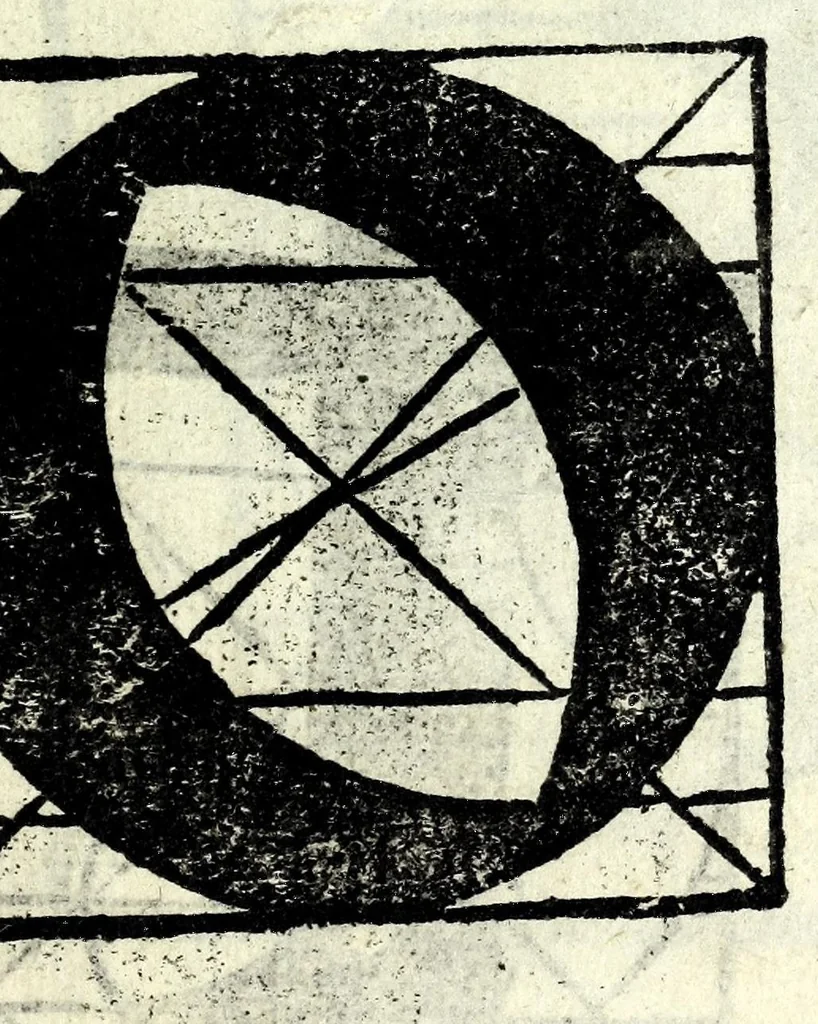 An illustration from Lo presente libro insegna la vera arte delo excelle[n]te scriuere de diuerse varie sorti de litere : lequali se fano p[e]r geometrica ragione & con la presente opera ognuno le potra imparare impochi giorni p[er] lo amaistramento, ragione, & essempli, come qui seguente vederai, 1539, leaf 41