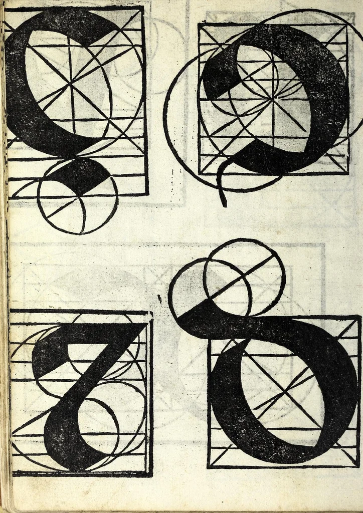 An illustration from Lo presente libro insegna la vera arte delo excelle[n]te scriuere de diuerse varie sorti de litere : lequali se fano p[e]r geometrica ragione & con la presente opera ognuno le potra imparare impochi giorni p[er] lo amaistramento, ragione, & essempli, come qui seguente vederai, 1539, leaf 44