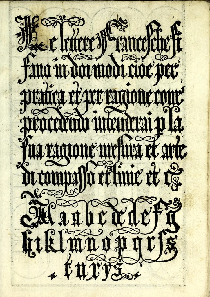 An illustration from Lo presente libro insegna la vera arte delo excelle[n]te scriuere de diuerse varie sorti de litere : lequali se fano p[e]r geometrica ragione & con la presente opera ognuno le potra imparare impochi giorni p[er] lo amaistramento, ragione, & essempli, come qui seguente vederai, 1539, leaf 51