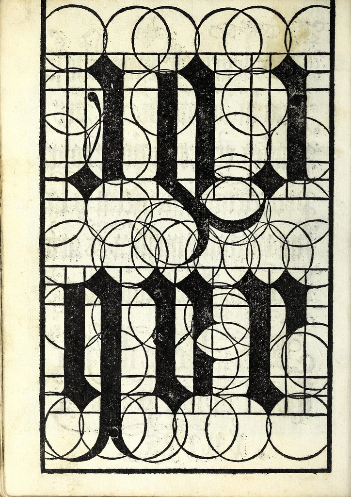 An illustration from Lo presente libro insegna la vera arte delo excelle[n]te scriuere de diuerse varie sorti de litere : lequali se fano p[e]r geometrica ragione & con la presente opera ognuno le potra imparare impochi giorni p[er] lo amaistramento, ragione, & essempli, come qui seguente vederai, 1539, leaf 52
