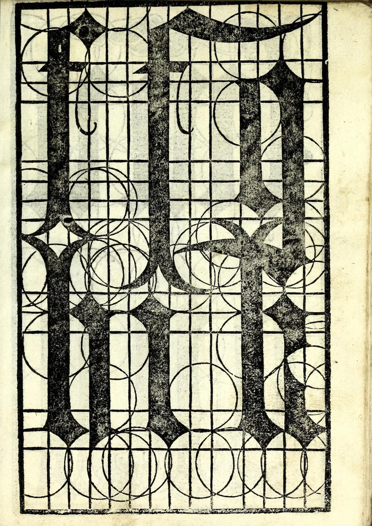 An illustration from Lo presente libro insegna la vera arte delo excelle[n]te scriuere de diuerse varie sorti de litere : lequali se fano p[e]r geometrica ragione & con la presente opera ognuno le potra imparare impochi giorni p[er] lo amaistramento, ragione, & essempli, come qui seguente vederai, 1539, leaf 53