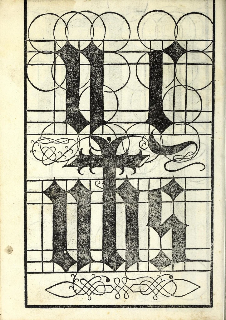 An illustration from Lo presente libro insegna la vera arte delo excelle[n]te scriuere de diuerse varie sorti de litere : lequali se fano p[e]r geometrica ragione & con la presente opera ognuno le potra imparare impochi giorni p[er] lo amaistramento, ragione, & essempli, come qui seguente vederai, 1539, leaf 56