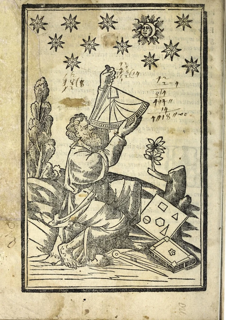 An illustration from Lo presente libro insegna la vera arte delo excelle[n]te scriuere de diuerse varie sorti de litere : lequali se fano p[e]r geometrica ragione & con la presente opera ognuno le potra imparare impochi giorni p[er] lo amaistramento, ragione, & essempli, come qui seguente vederai, 1539, leaf 72