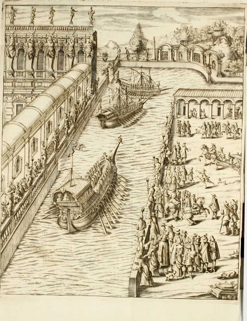 An illustration from L'orologio del piacere : che mostra l'ore del dilettevole soggiorno havto dall'altezza serenissima d. Ernesto Avgvsto, vescovo d'Osnabrvc, duca di Bransuich, Luneburgo, &c. nel luoco di Piazzola di s.e. il signor Marco Contarini, procurator di S. Marco, consacrato all' a.s. dalla medemma eccellenza, 1685, leaf 28