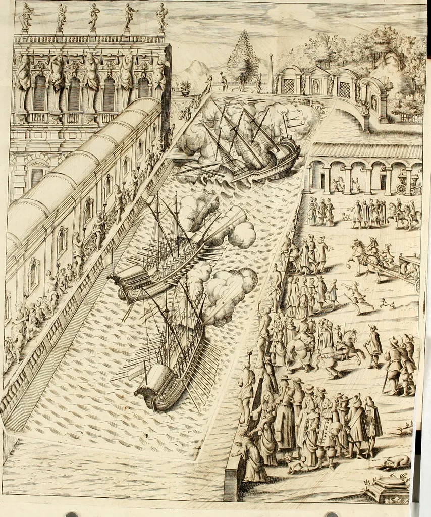 An illustration from L'orologio del piacere : che mostra l'ore del dilettevole soggiorno havto dall'altezza serenissima d. Ernesto Avgvsto, vescovo d'Osnabrvc, duca di Bransuich, Luneburgo, &c. nel luoco di Piazzola di s.e. il signor Marco Contarini, procurator di S. Marco, consacrato all' a.s. dalla medemma eccellenza, 1685, leaf 60