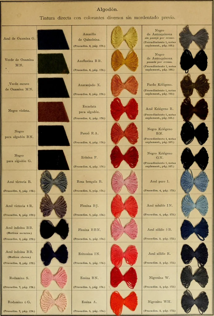 An illustration from Los colores de anilina de la Badische Anilin- & Soda-Fabrik, Ludwigshafen s/Rhin y su aplicación sobre lana, algodón, seda y otras fibras textiles, 1902, leaf 276
