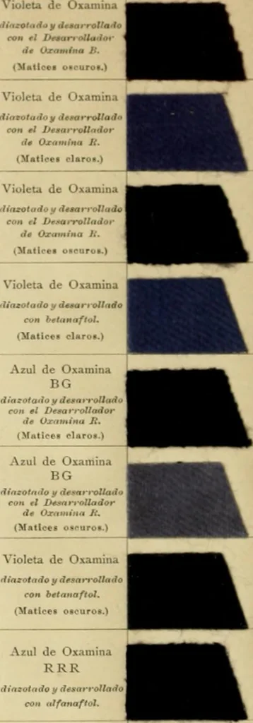 An illustration from Los colores de anilina de la Badische Anilin- & Soda-Fabrik, Ludwigshafen s/Rhin y su aplicación sobre lana, algodón, seda y otras fibras textiles, 1902, leaf 279