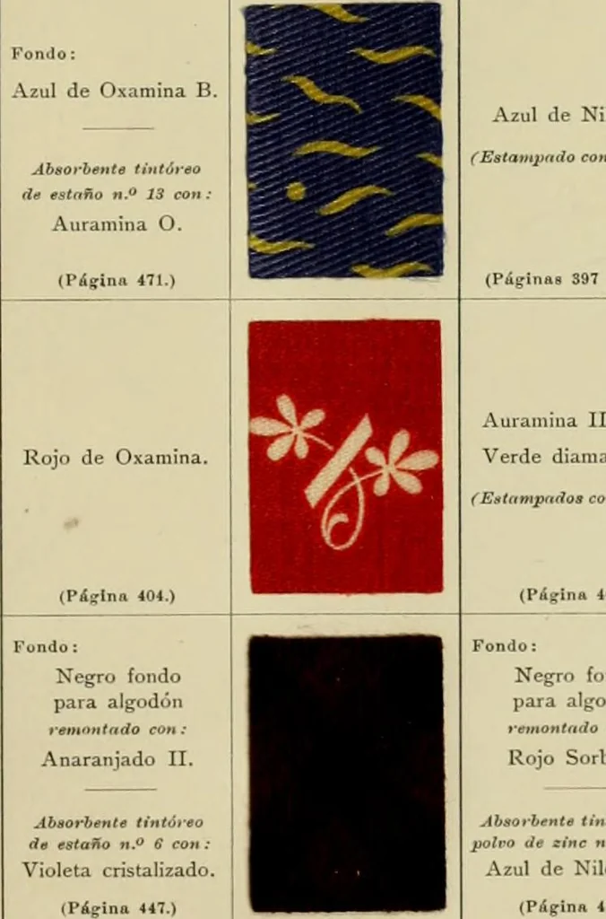 An illustration from Los colores de anilina de la Badische Anilin- & Soda-Fabrik, Ludwigshafen s/Rhin y su aplicación sobre lana, algodón, seda y otras fibras textiles, 1902, leaf 514