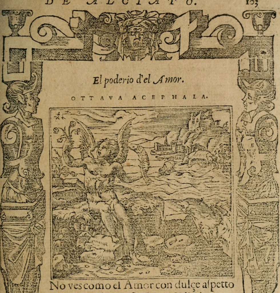 An illustration from Los emblemas de Alciato : traducidos en rhimas españolas ..., 1549, leaf 106
