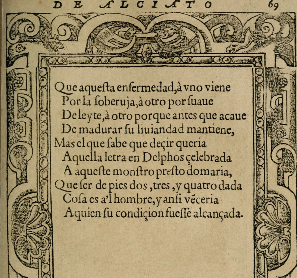 An illustration from Los emblemas de Alciato : traducidos en rhimas españolas ..., 1549, leaf 72