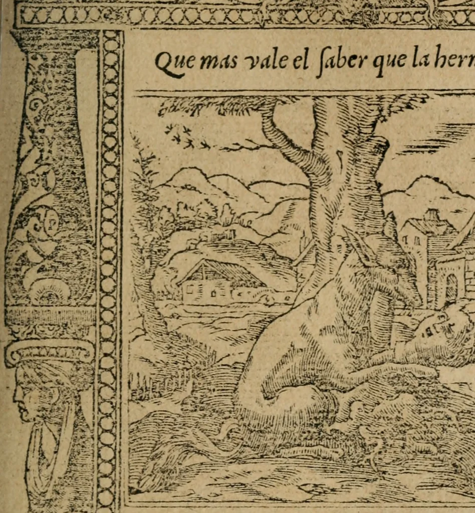 An illustration from Los emblemas de Alciato : traducidos en rhimas españolas ..., 1549, leaf 74