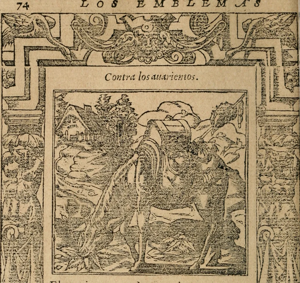 An illustration from Los emblemas de Alciato : traducidos en rhimas españolas ..., 1549, leaf 77