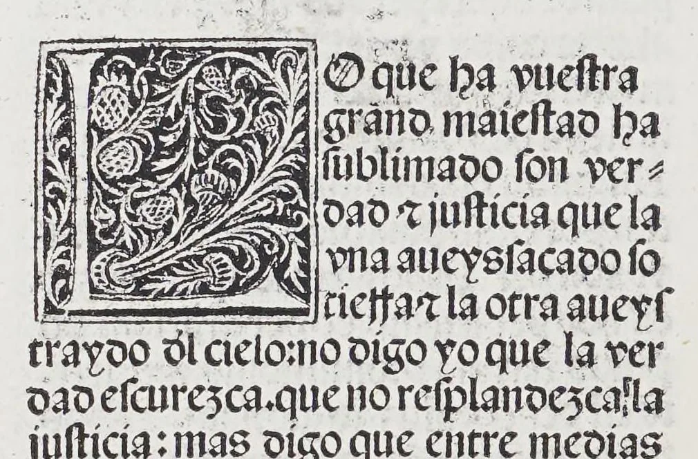 An illustration from Los tratados del doctor Alonso Ortiz : Tratado dela herida del rey. : Tratado consolatorio a la princesa de Portugal. : Item vna oracion alos reyes en latin y en romance : Item dos cartas me[n]ajeras a los reyes. Vna que embio [sic] la cibdad [sic] la otra el cabildo dela yglesia de Toledo : Tratado contra la carta del prothonotario de Lucena, leaf 138