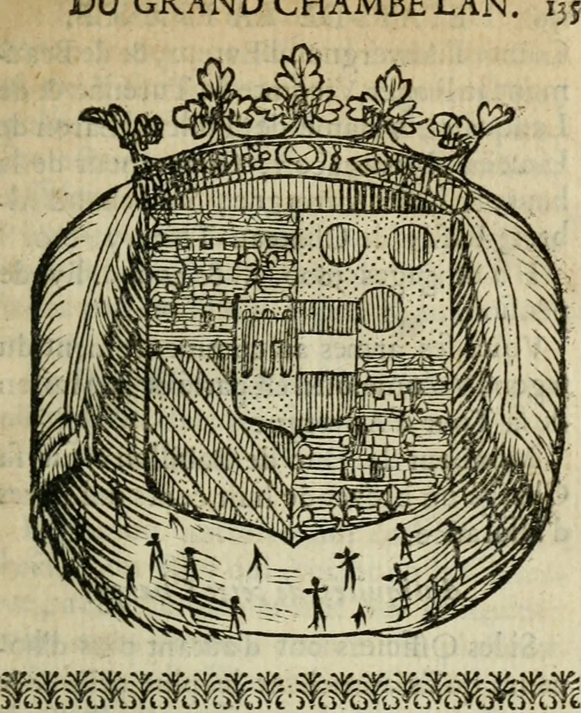 An illustration from L'État de la France, où l'on voit tous les princes, ducs & pairs, marechaux de France & autres officiers de la couronne ... [édité par Nicolas Besongne], 1698, leaf 164
