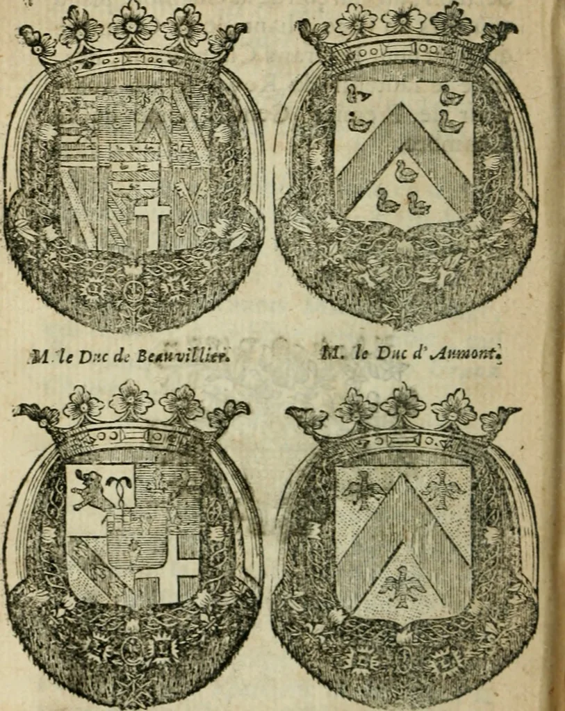 An illustration from L'État de la France, où l'on voit tous les princes, ducs & pairs, marechaux de France & autres officiers de la couronne ... [édité par Nicolas Besongne], 1698, leaf 171