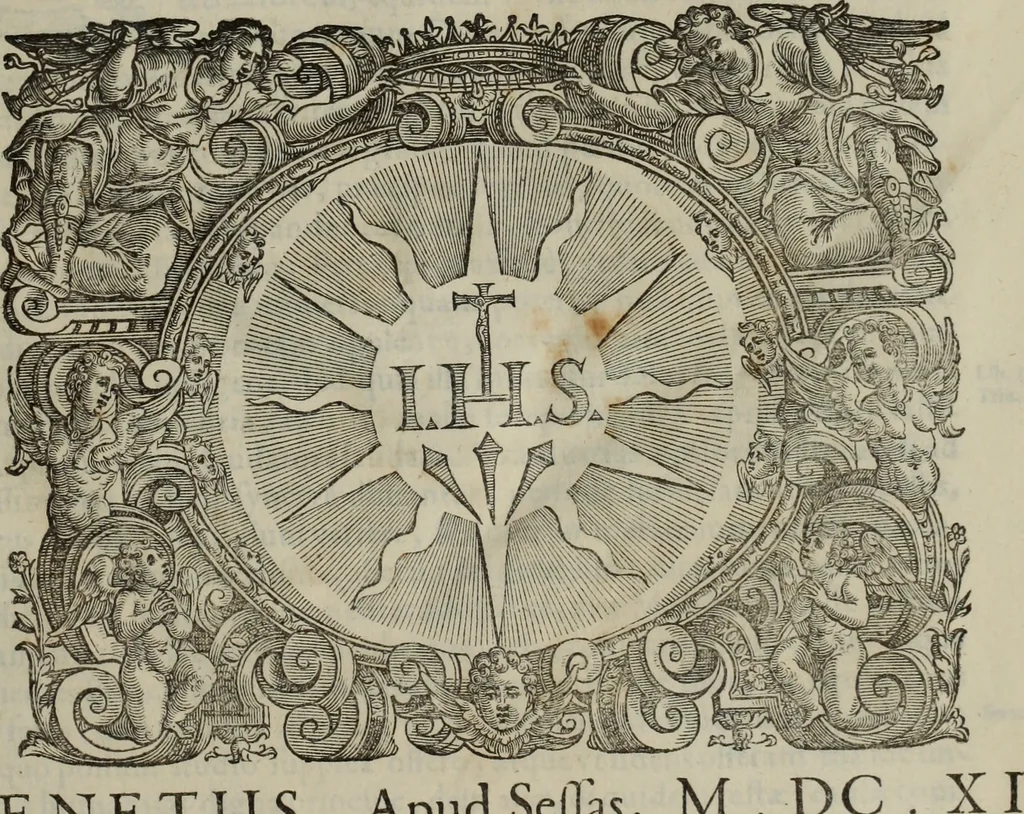 An illustration from Lud. Molinae e Societate Jesu ... De iustitia et jure tratactus : qui est de justitia commutativa circa bona corporis, personarumque nobis coniunctarum, 1611, leaf 4