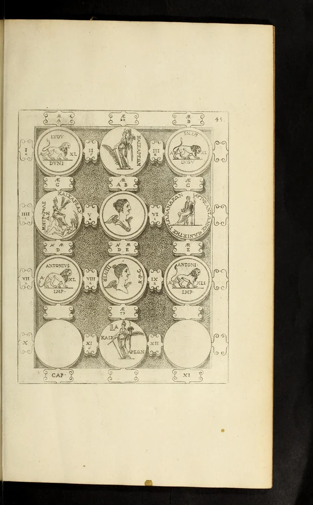 An illustration from Ludovici NonnI Commentarius in Nomismta imp. Iuli., Augusti et TiberI, 1664, leaf 103