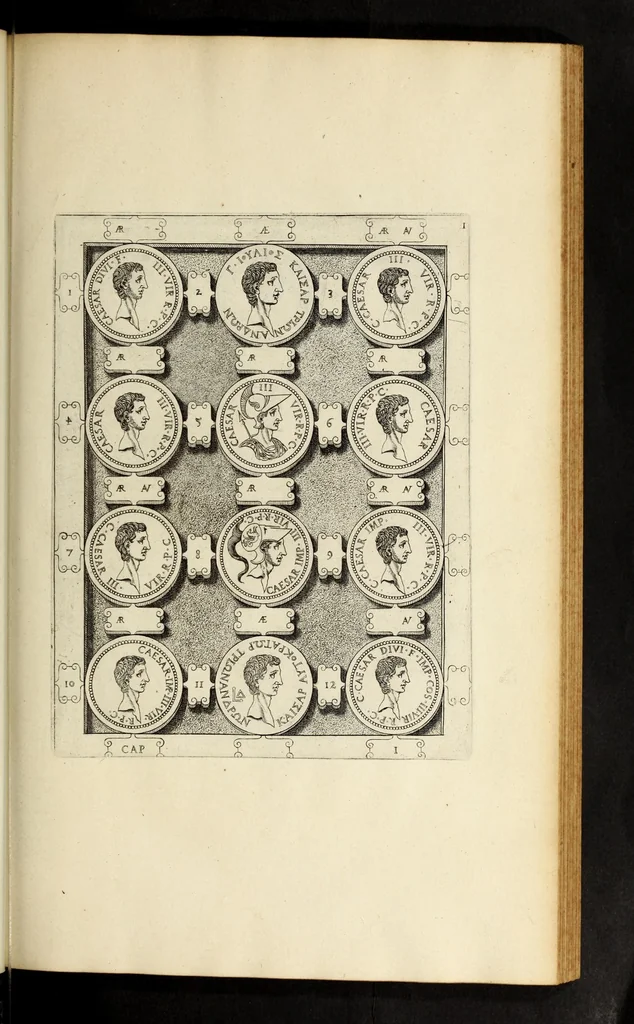 An illustration from Ludovici NonnI Commentarius in Nomismta imp. Iuli., Augusti et TiberI, 1664, leaf 189