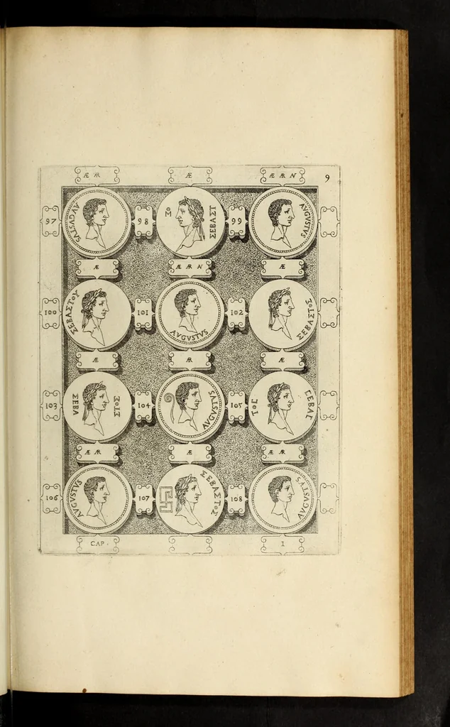 An illustration from Ludovici NonnI Commentarius in Nomismta imp. Iuli., Augusti et TiberI, 1664, leaf 205