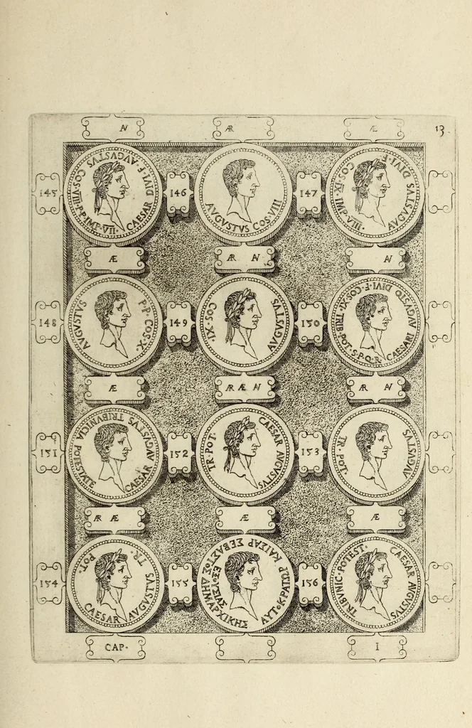 An illustration from Ludovici NonnI Commentarius in Nomismta imp. Iuli., Augusti et TiberI, 1664, leaf 213
