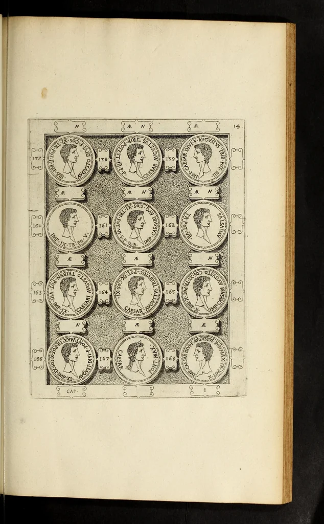 An illustration from Ludovici NonnI Commentarius in Nomismta imp. Iuli., Augusti et TiberI, 1664, leaf 215