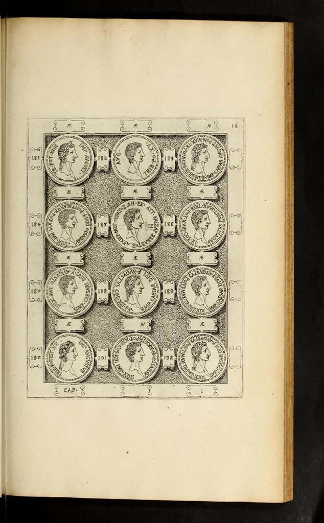 An illustration from Ludovici NonnI Commentarius in Nomismta imp. Iuli., Augusti et TiberI, 1664, leaf 219