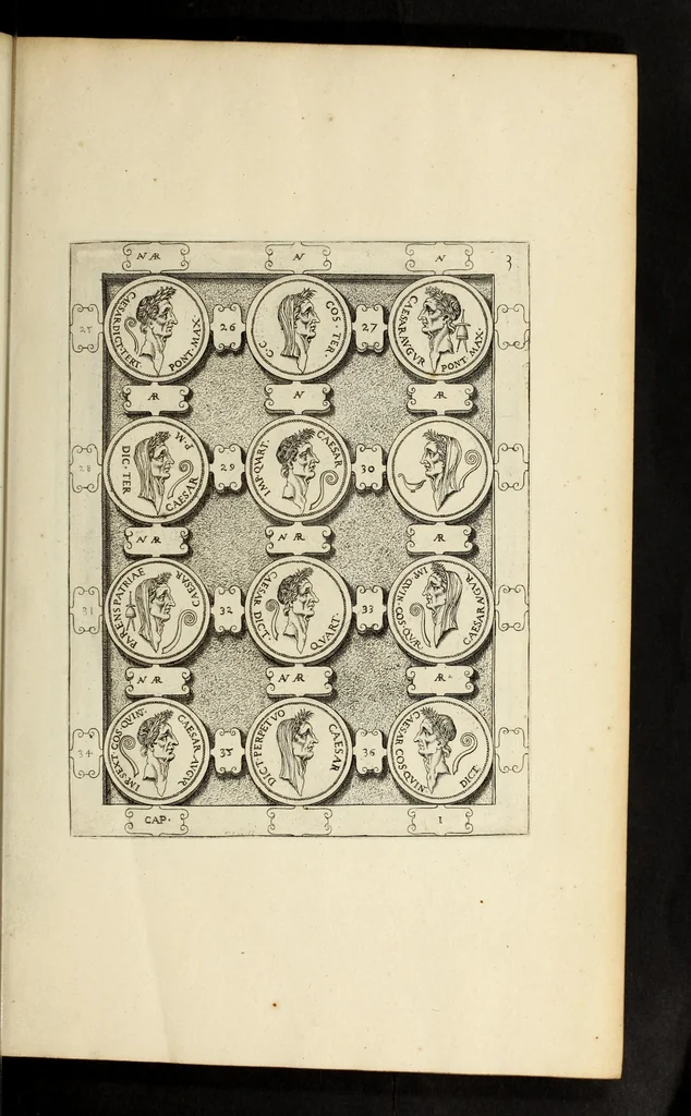 An illustration from Ludovici NonnI Commentarius in Nomismta imp. Iuli., Augusti et TiberI, 1664, leaf 23