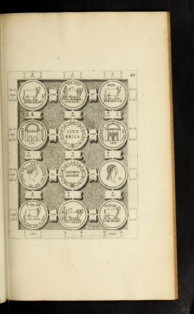 An illustration from Ludovici NonnI Commentarius in Nomismta imp. Iuli., Augusti et TiberI, 1664, leaf 285