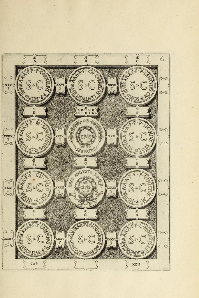 An illustration from Ludovici NonnI Commentarius in Nomismta imp. Iuli., Augusti et TiberI, 1664, leaf 309