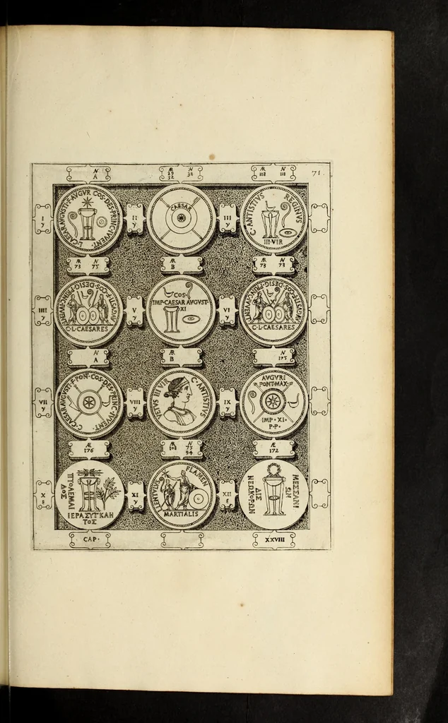 An illustration from Ludovici NonnI Commentarius in Nomismta imp. Iuli., Augusti et TiberI, 1664, leaf 329