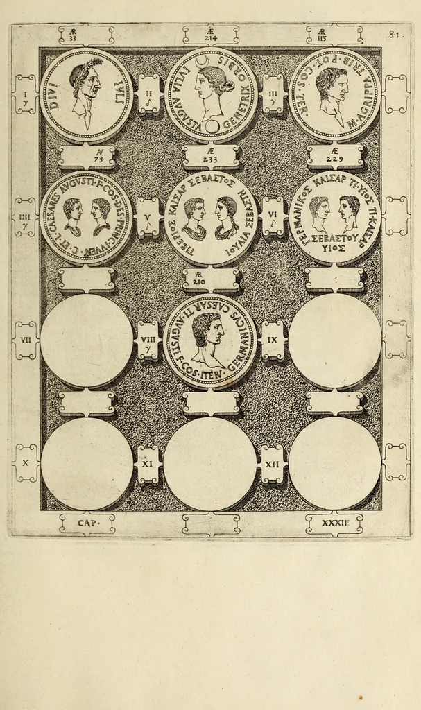 An illustration from Ludovici NonnI Commentarius in Nomismta imp. Iuli., Augusti et TiberI, 1664, leaf 349