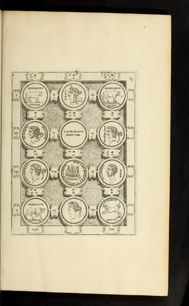 An illustration from Ludovici NonnI Commentarius in Nomismta imp. Iuli., Augusti et TiberI, 1664, leaf 41