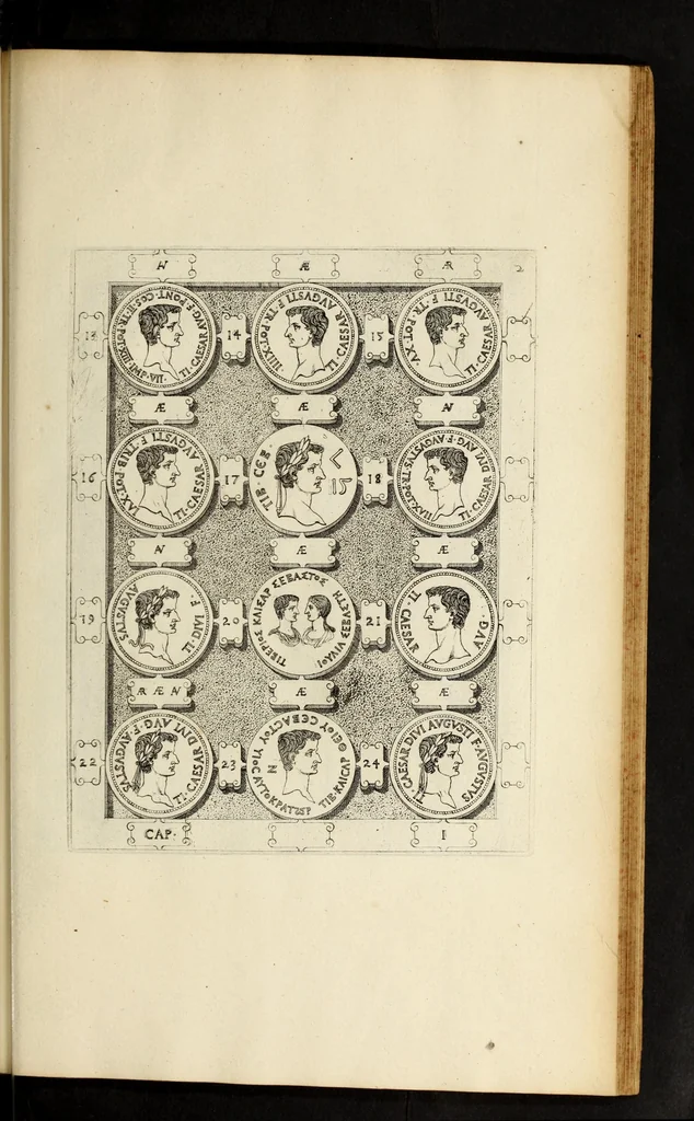 An illustration from Ludovici NonnI Commentarius in Nomismta imp. Iuli., Augusti et TiberI, 1664, leaf 455
