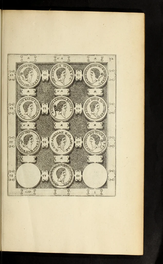 An illustration from Ludovici NonnI Commentarius in Nomismta imp. Iuli., Augusti et TiberI, 1664, leaf 79