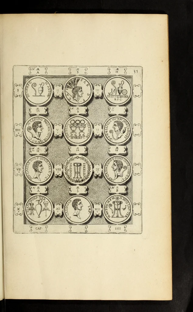 An illustration from Ludovici NonnI Commentarius in Nomismta imp. Iuli., Augusti et TiberI, 1664, leaf 85