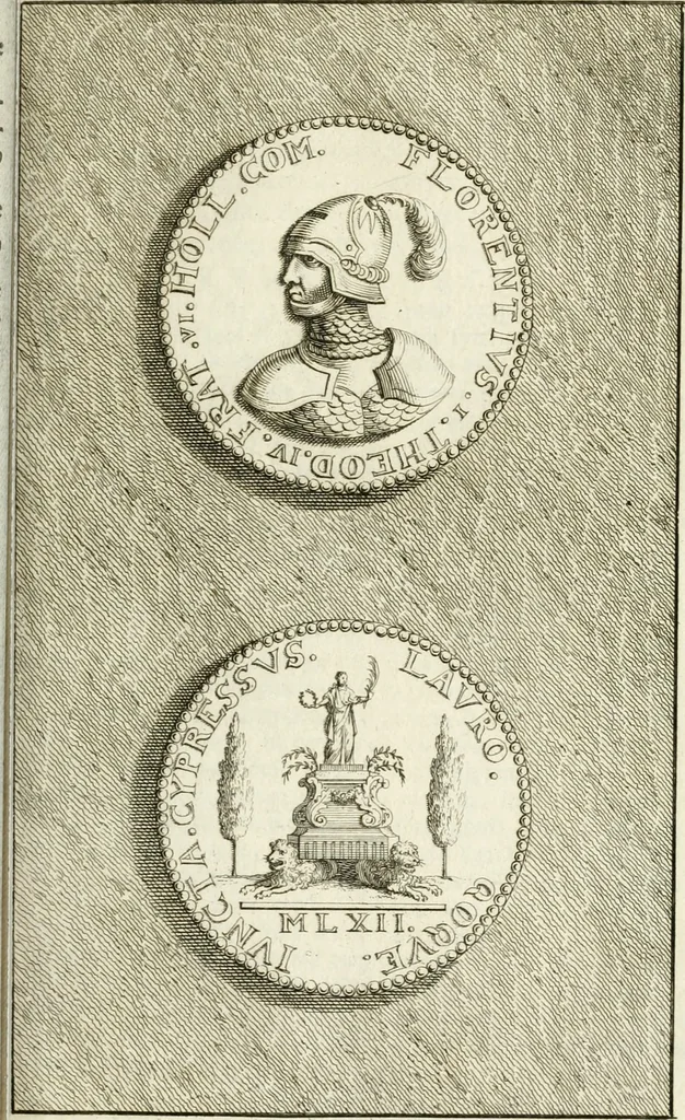 An illustration from Lud. Smids. M.D. Emblemata heroica, of, De medalische sinnebeelden der ses en dertigh graaven van Holland : met konstplaaten vercierd, 1712, leaf 42