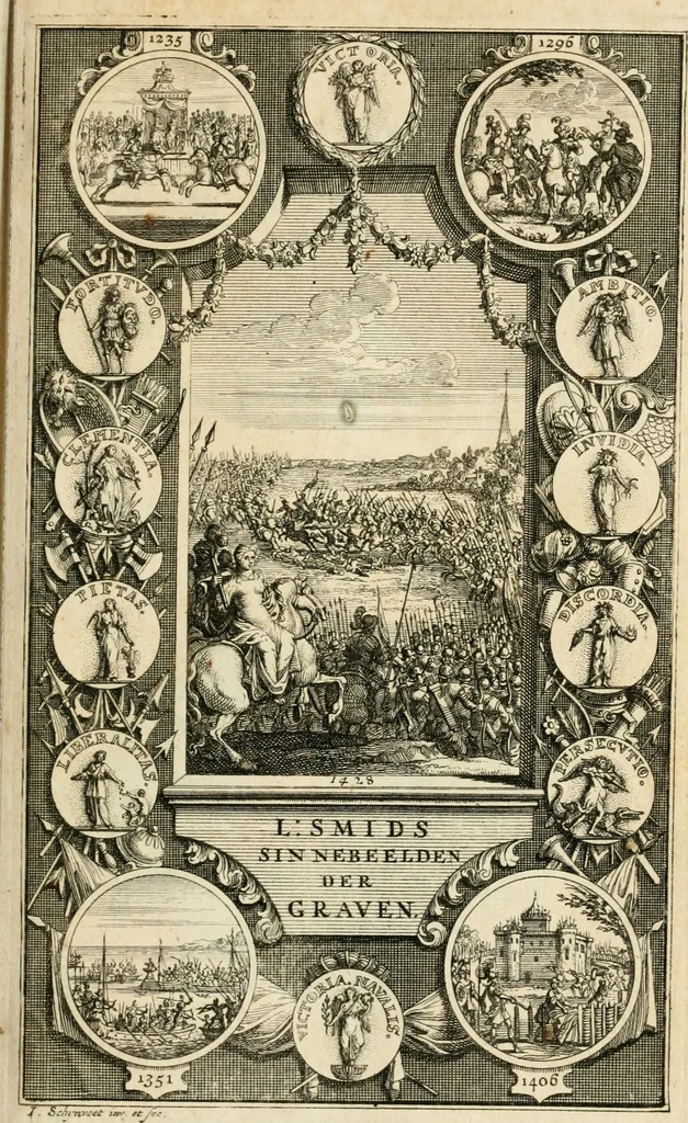 An illustration from Lud. Smids. M.D. Emblemata heroica, of, De medalische sinnebeelden der ses en dertigh graaven van Holland : met konstplaaten vercierd, 1712, leaf 6