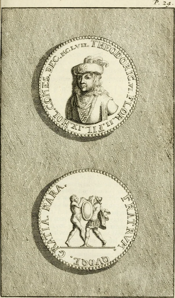 An illustration from Lud. Smids. M.D. Emblemata heroica, of, De medalische sinnebeelden der ses en dertigh graaven van Holland : met konstplaaten vercierd, 1712, leaf 66